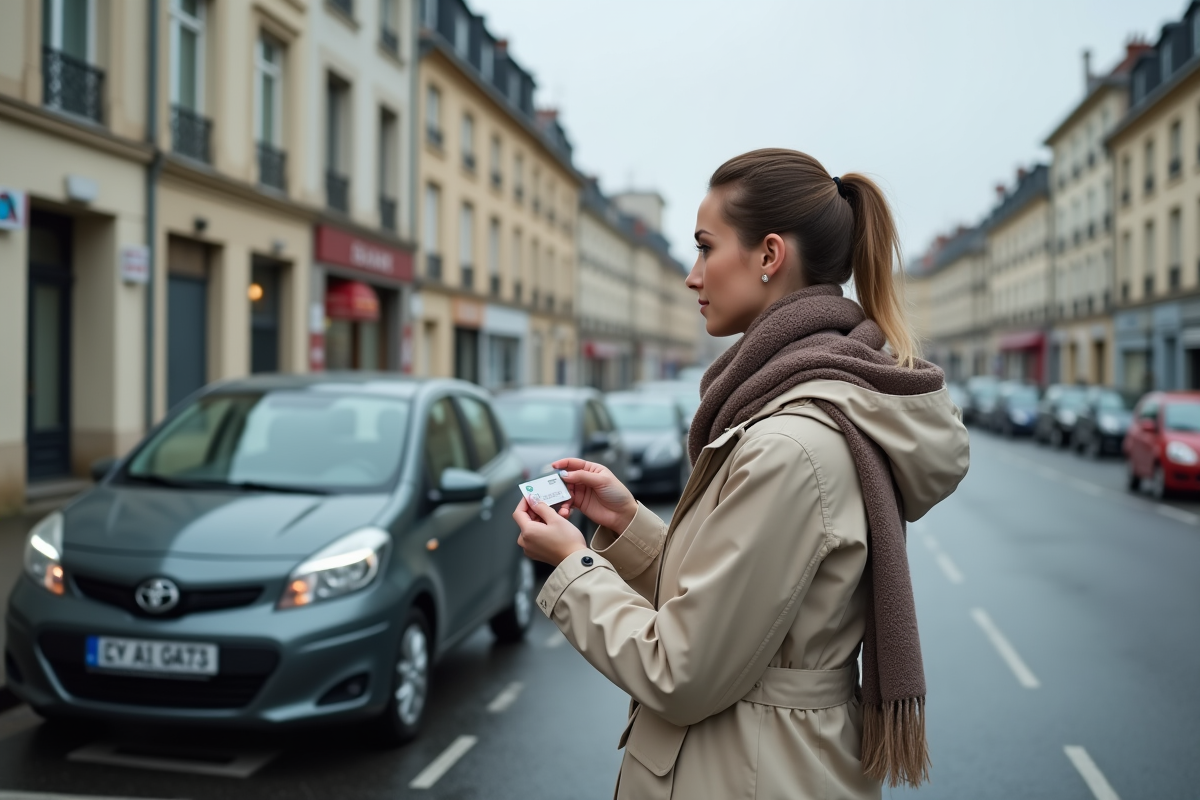 Jeune femme avec permis devant sa voiture en ville