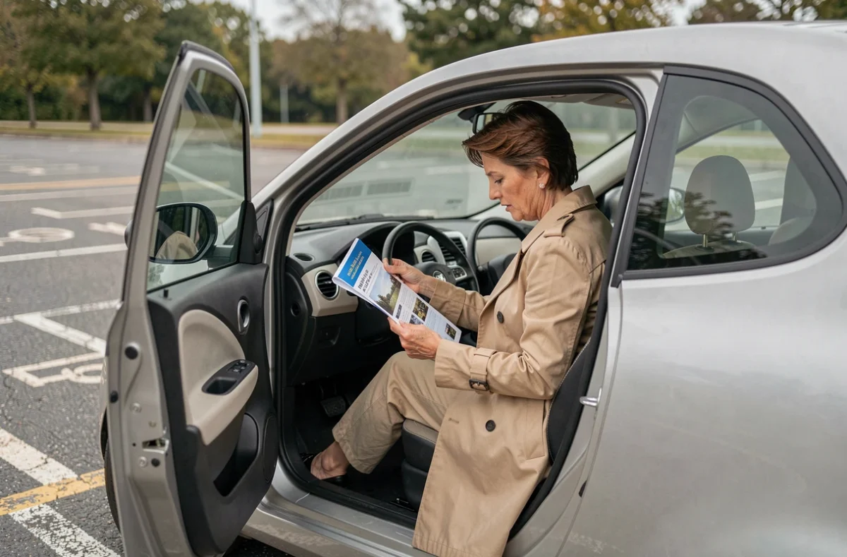 Femme consultant une brochure au volant d'une voiture sans permis diesel dans un parking public