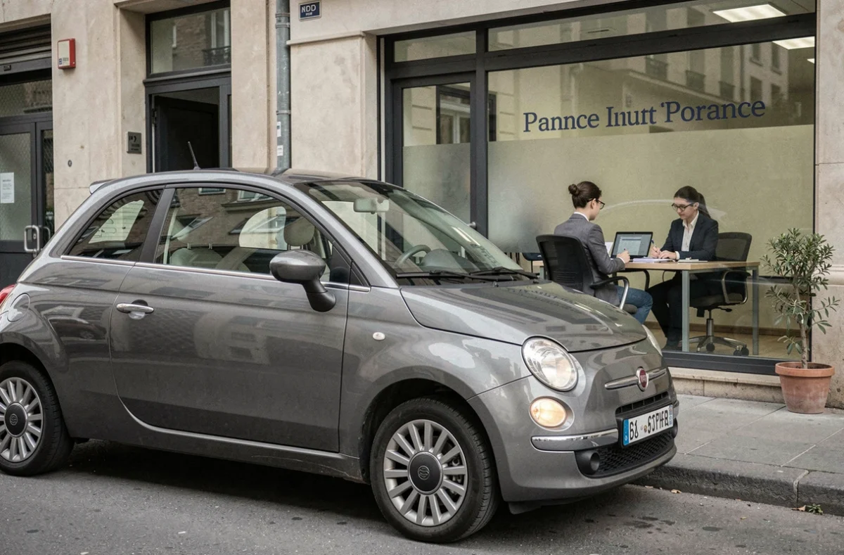 Fiat 500 grise garée devant une agence d'assurance française avec un jeune conducteur visible en train de signer un contrat à l'intérieur