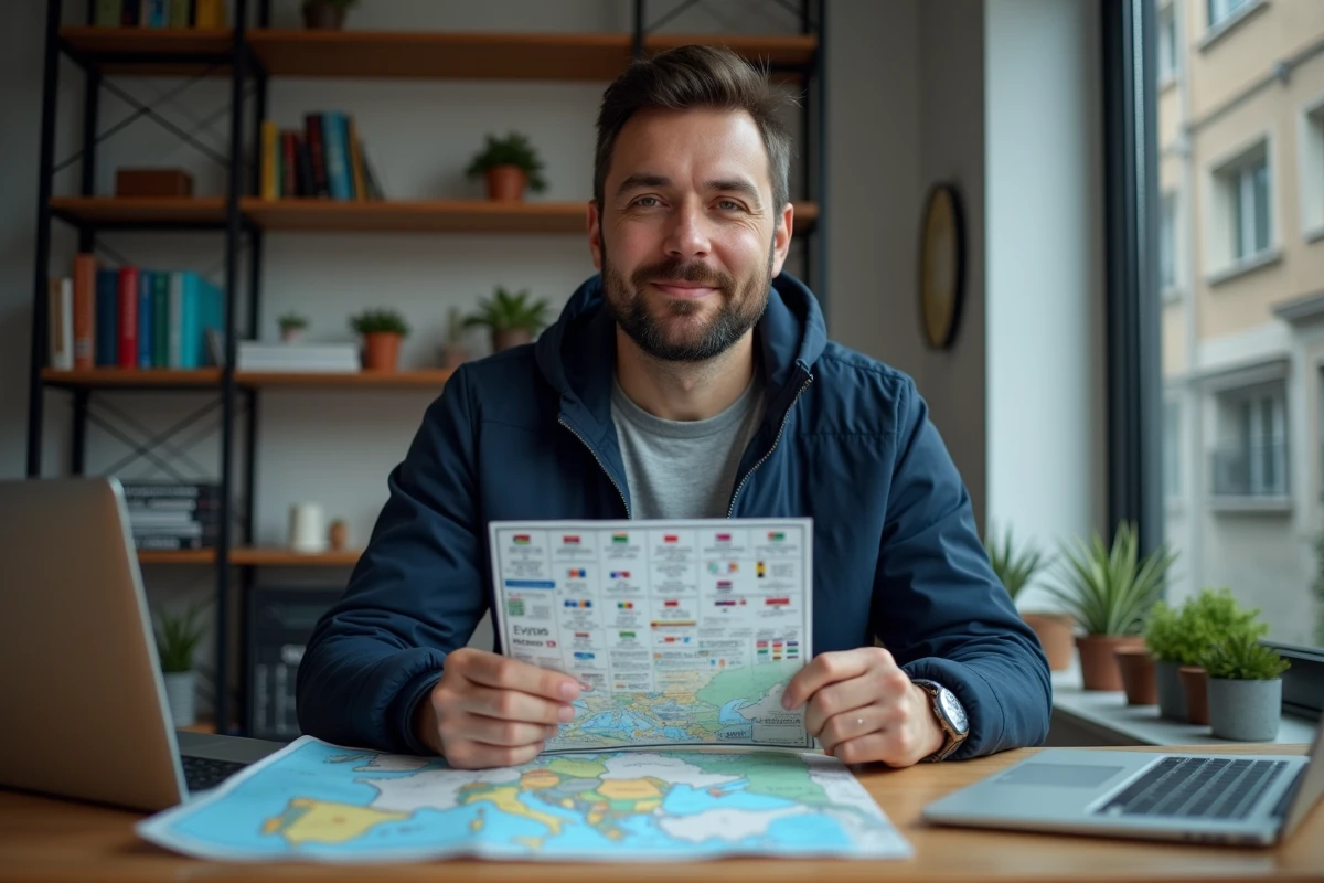 Personne consultant une fiche de référence des codes de plaques d'immatriculation internationaux par pays