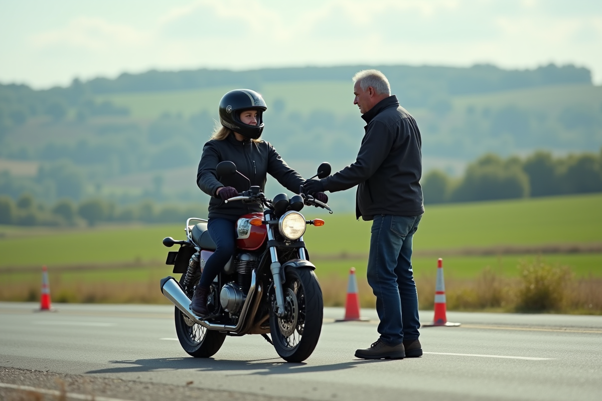 Instructeur moto guidant une débutante en campagne