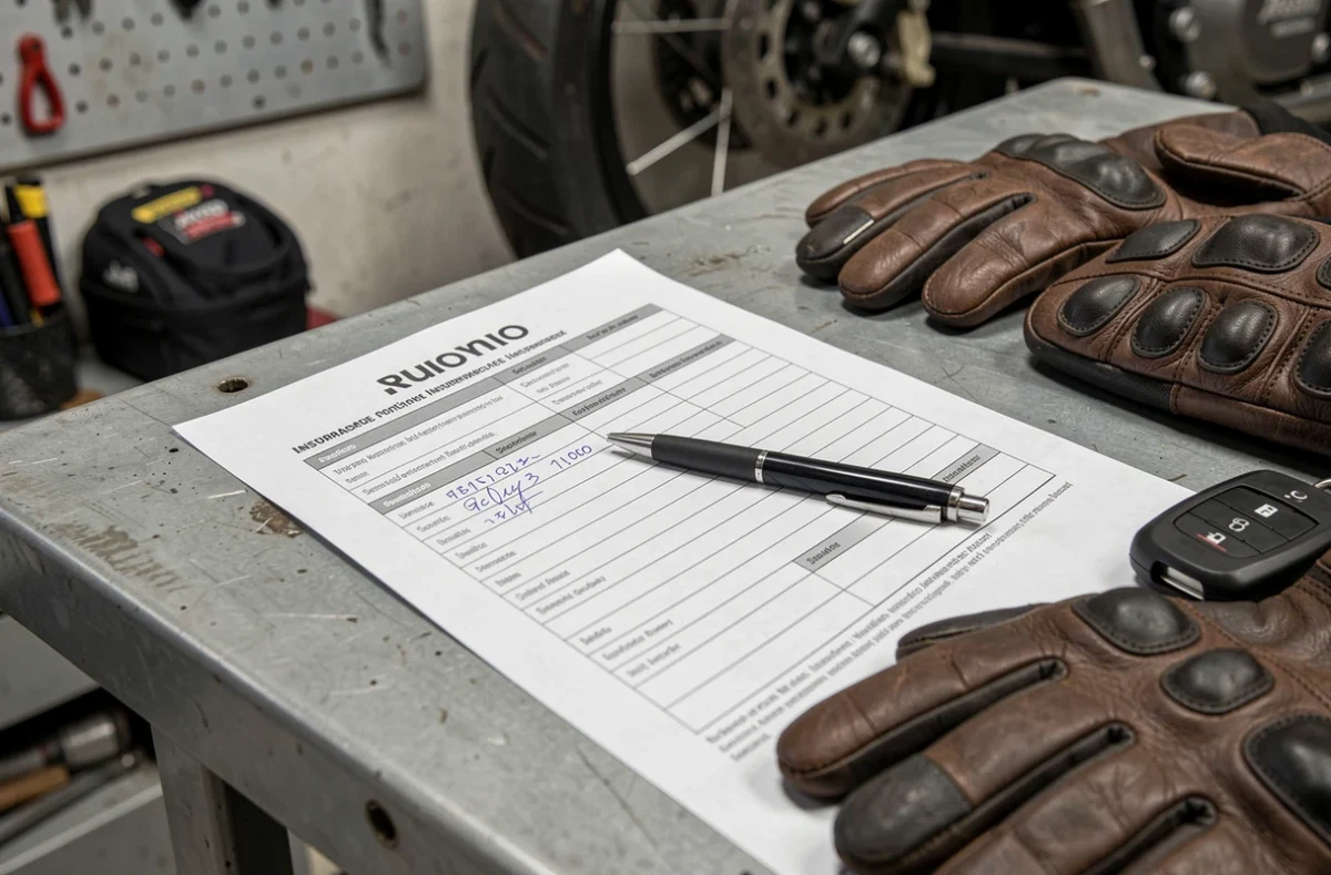 Formulaire de contrat d'assurance moto posé sur un établi de garage avec des gants et une clé