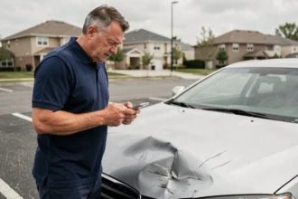 Homme examinant les dégâts sur son véhicule après un accident, illustration de la franchise en assurance auto