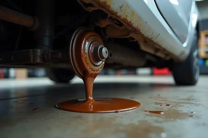 Fuite de graisse visible sur le moyeu arrière d'une Peugeot 206, joint de cache-poussière endommagé avec graisse noire s'écoulant sur le sol de garage
