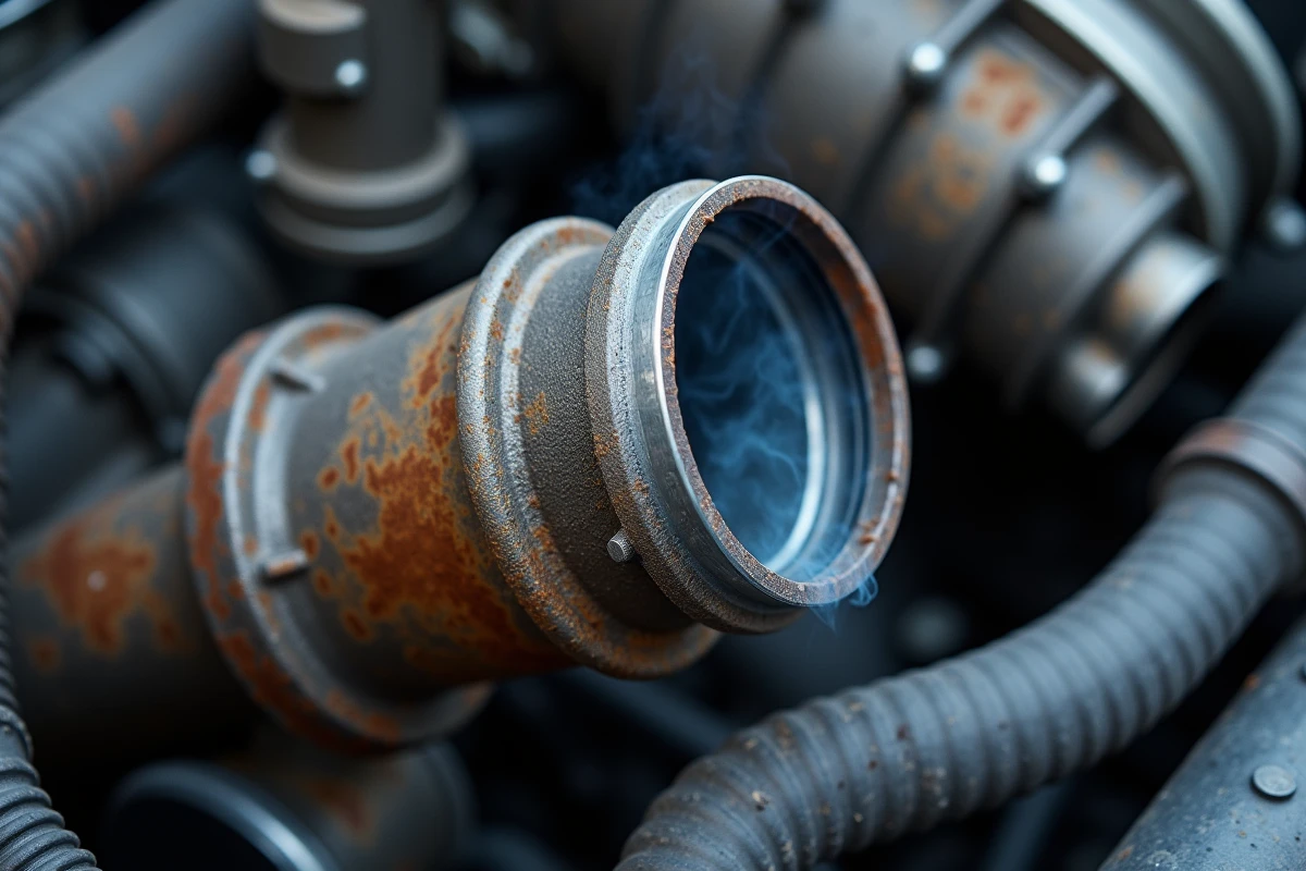Fumée bleue autour du turbocompresseur d'un moteur 1.6 HDi indiquant une fuite d'huile au niveau du joint de turbo