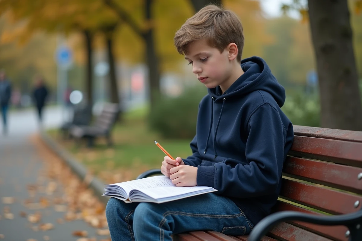 Adolescent étudie un livret de code de la route en plein air
