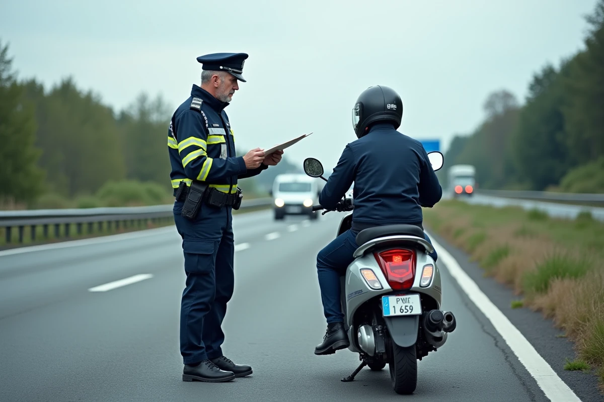Gendarme contrôlant un conducteur de scooter de petite cylindrée sur le bas-côté d'une autoroute française