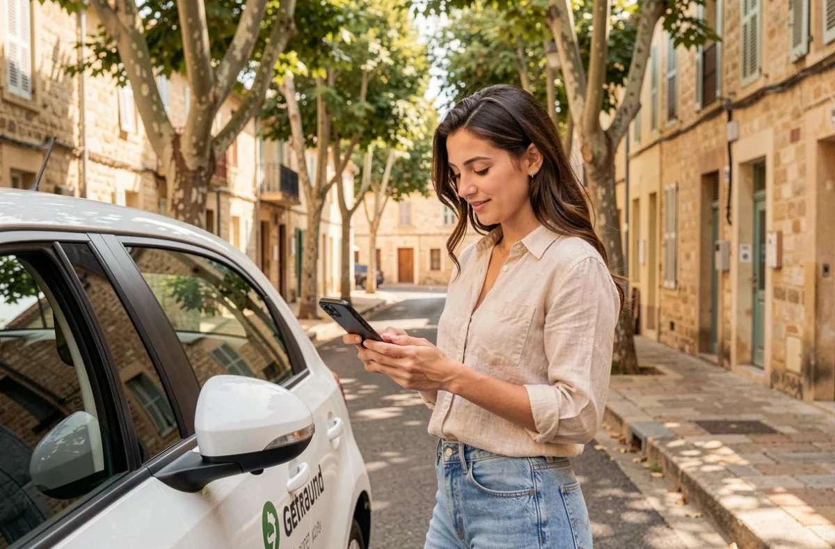 Jeune femme déverrouillant via smartphone une voiture Getaround en libre-service dans une rue ensoleillée d'Occitanie