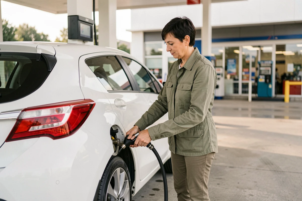 Femme gonflant le pneu arrière d'une Toyota Yaris Hybride blanche à une borne de gonflage dans une station-service moderne