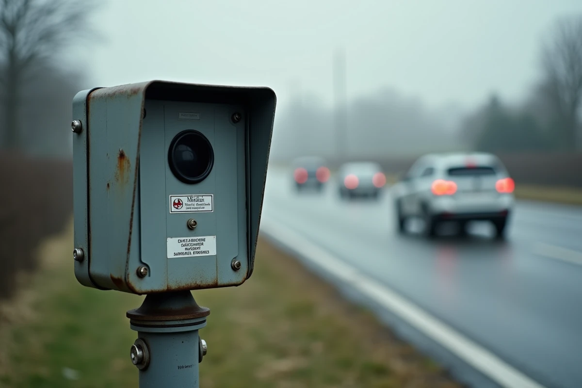 Gros plan sur un boîtier de radar de contrôle du trafic fixé sur un poteau en bord de route avec détails métalliques et signalétique officielle