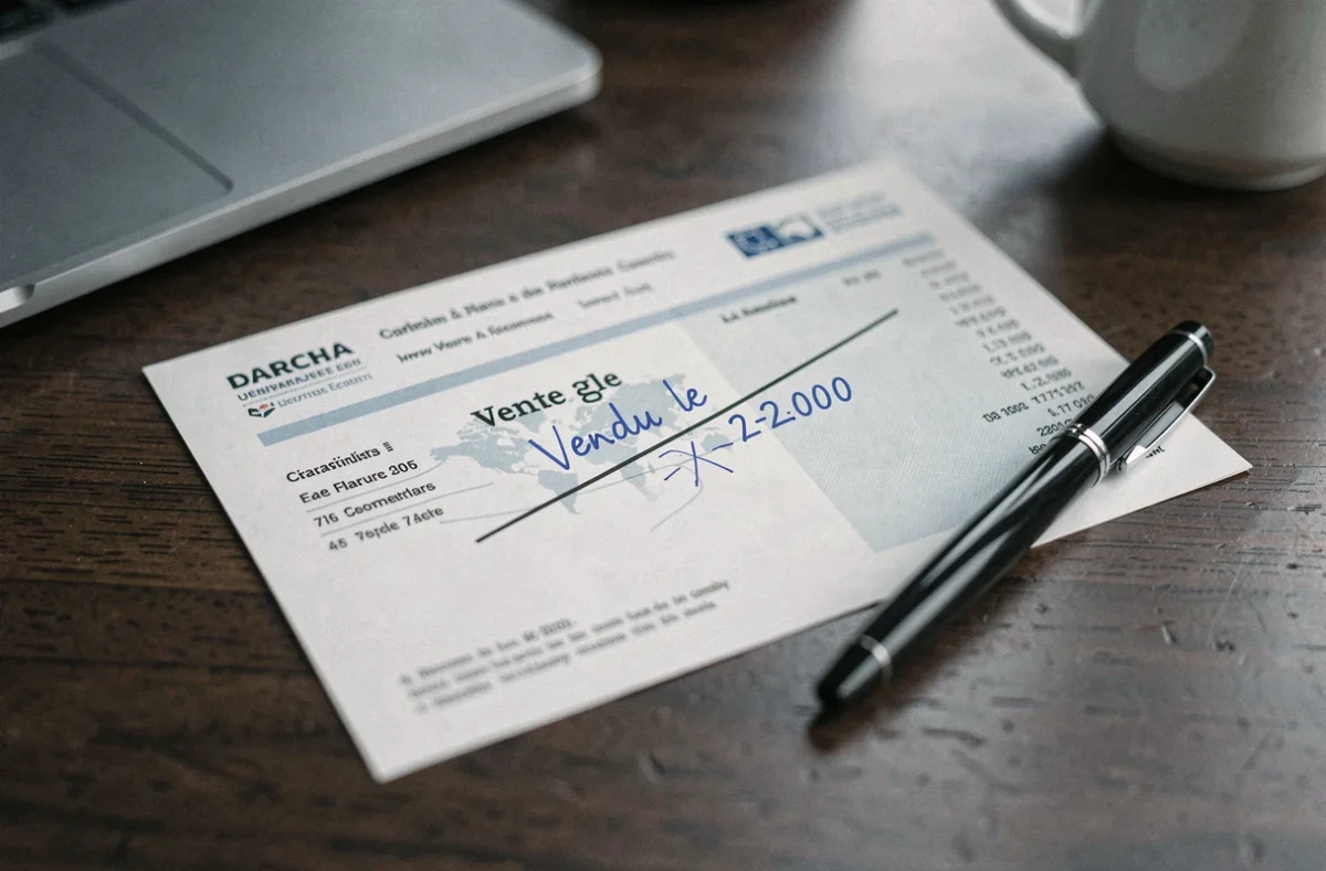 Gros plan d'une carte grise barrée avec la mention Vendu le écrite à la main, posée sur un bureau en bois sombre
