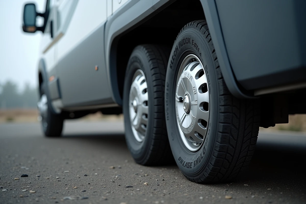 Gros plan sur le flanc de deux pneus jumelés de camping-car montrant les indices de charge, la désignation de taille et la classification de structure sur un essieu arrière