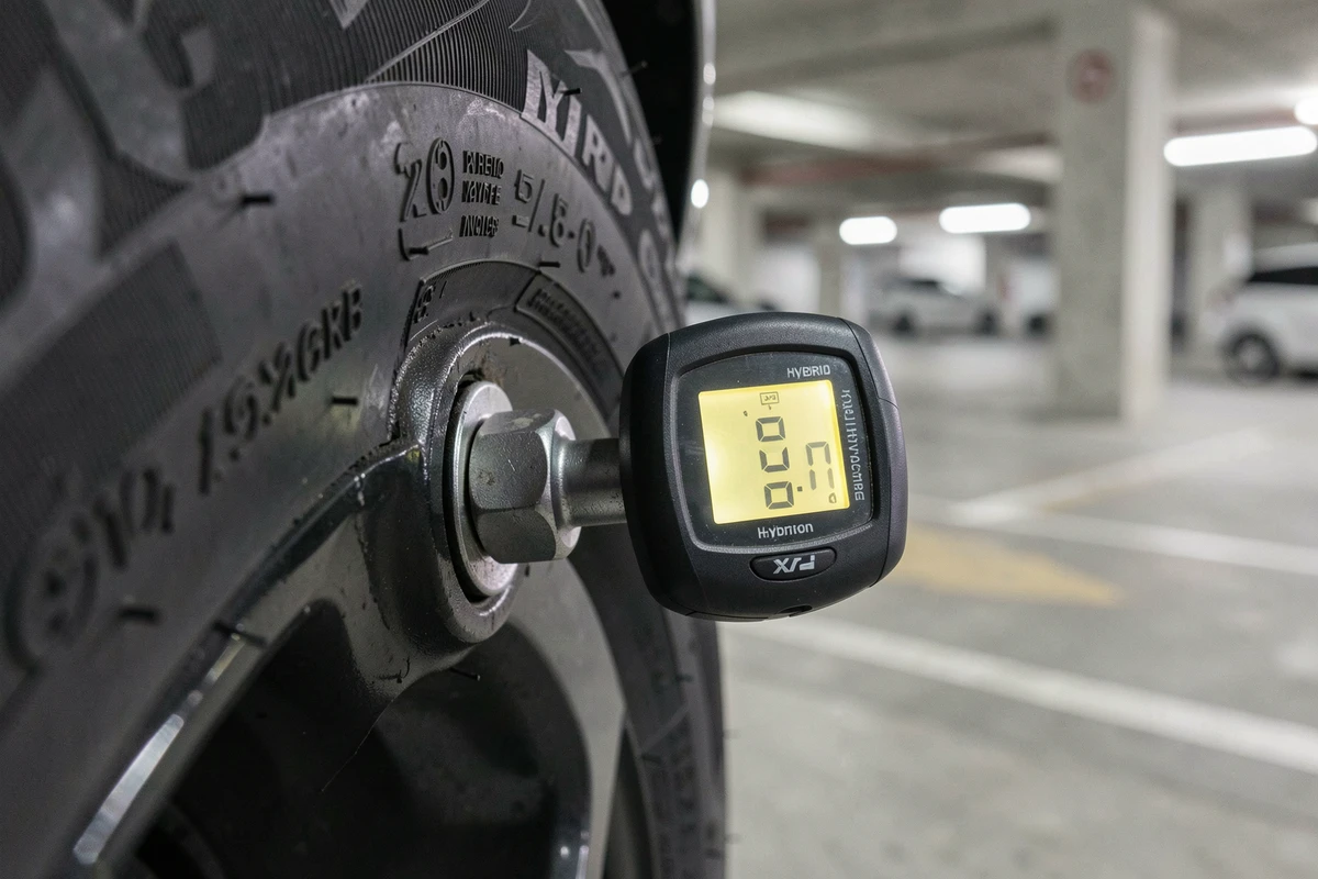 Gros plan sur le manomètre digital vissé sur la valve d'un pneu de Toyota Yaris Hybride dans un parking couvert