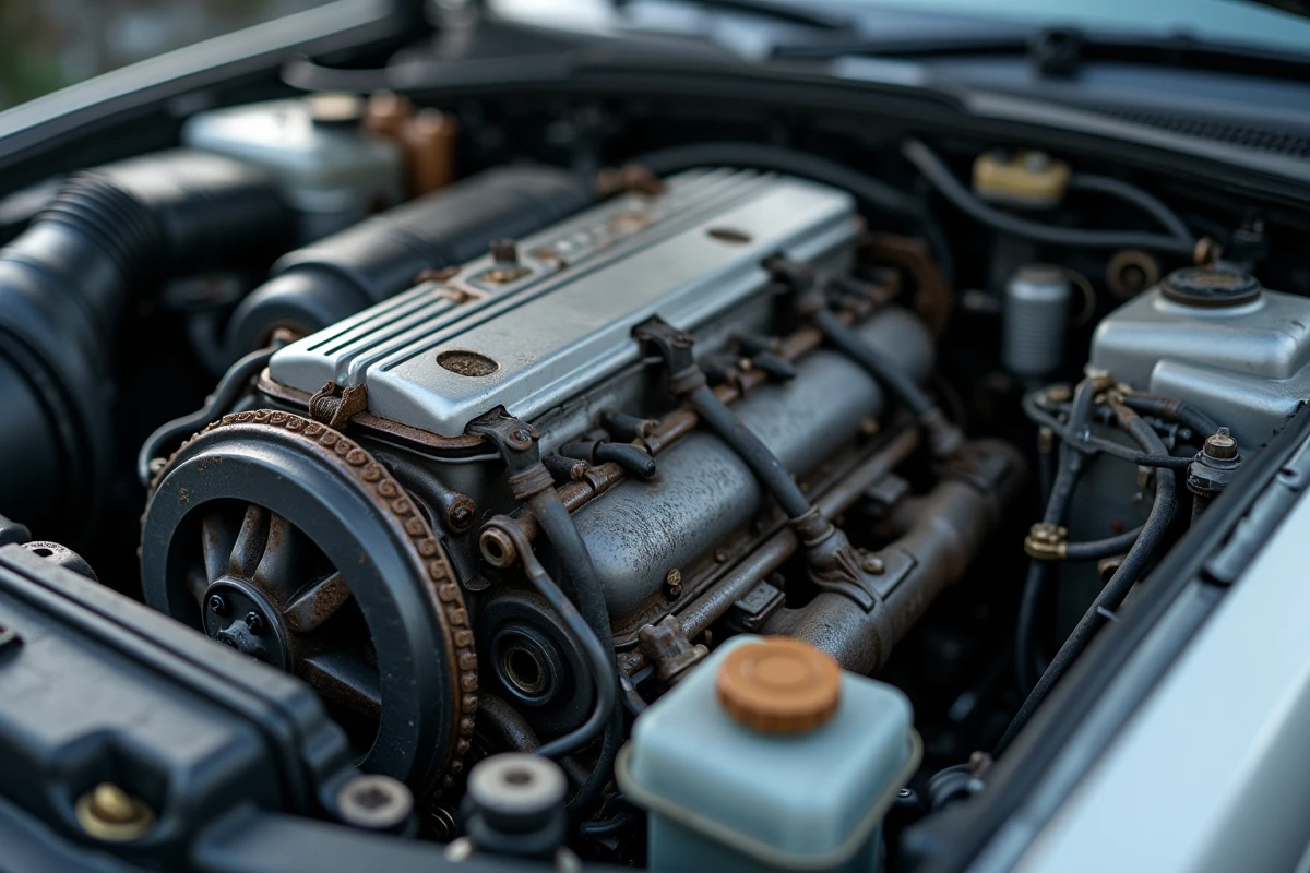 Gros plan sur le moteur diesel M47 d'une BMW E46 d'occasion avec signes d'usure visibles