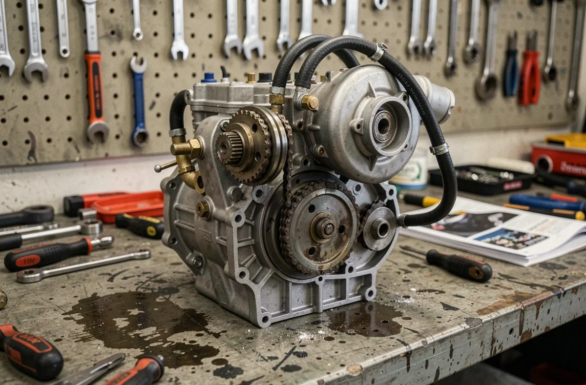 Gros plan sur un moteur Renault TCe démonté avec turbocompresseur et composants visibles sur établi d'atelier