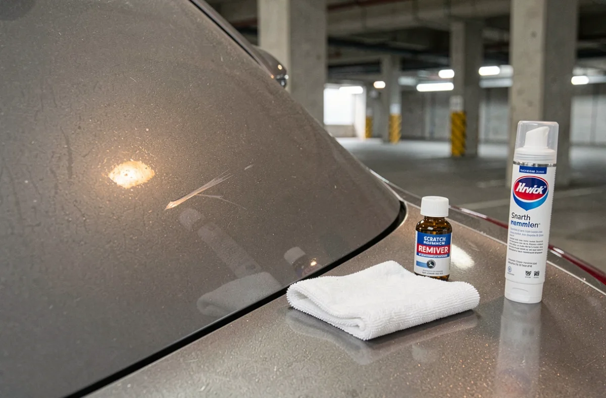 Gros plan sur une rayure de carrosserie de voiture avec produits de réparation maison disposés à côté
