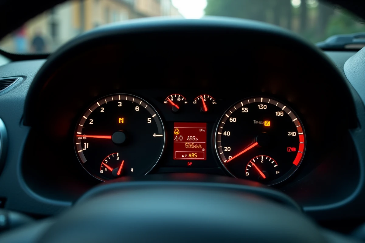 Gros plan sur les voyants d'avertissement allumés du tableau de bord d'un Dacia Duster, dont le voyant moteur et ABS