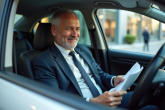 Homme d'affaires dans sa voiture examine des documents d'assurance
