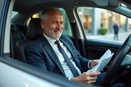 Homme d'affaires dans sa voiture examine des documents d'assurance