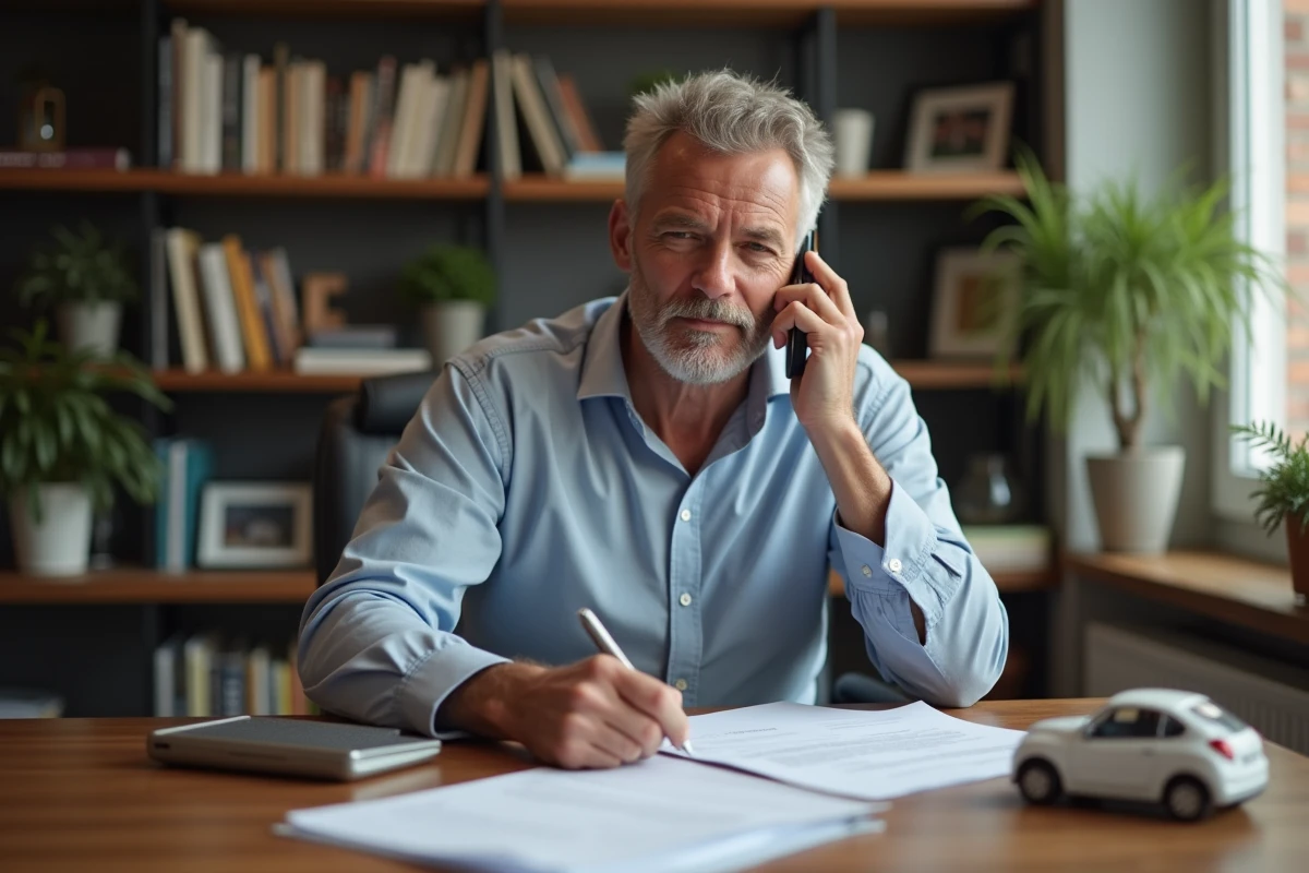 Homme parlant au téléphone avec documents d assurance à son bureau