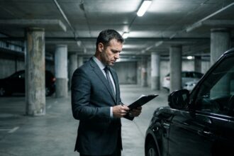 Homme en costume examinant les documents d'assurance d'un SUV de prestige noir dans un parking souterrain