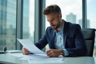 Homme en costume vérifiant documents d'assurance voiture