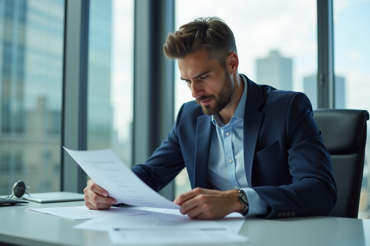 Homme en costume vérifiant documents d'assurance voiture