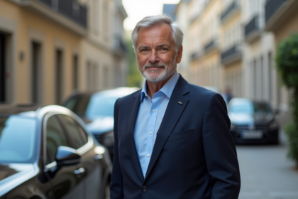 Homme en blazer navy près d'une voiture moderne en ville