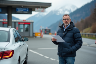 Homme devant une voiture à la frontière franco-suisse