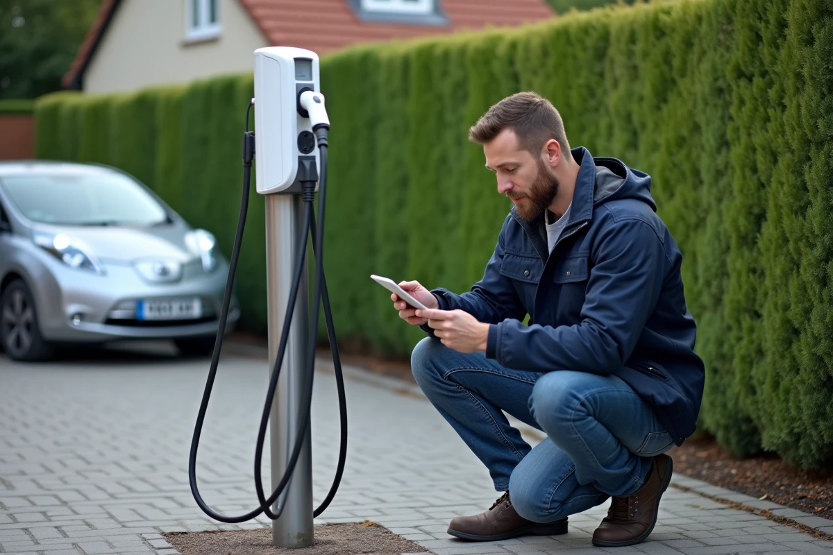 Homme examine une station de recharge électrique dans une cour résidentielle