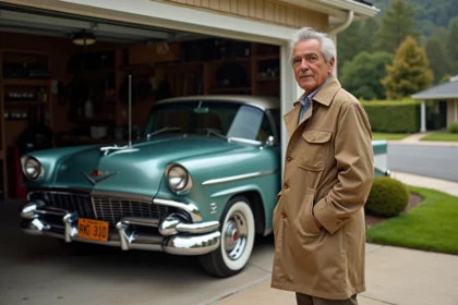 Homme d'environ 60 ans avec trench et voiture de Columbo