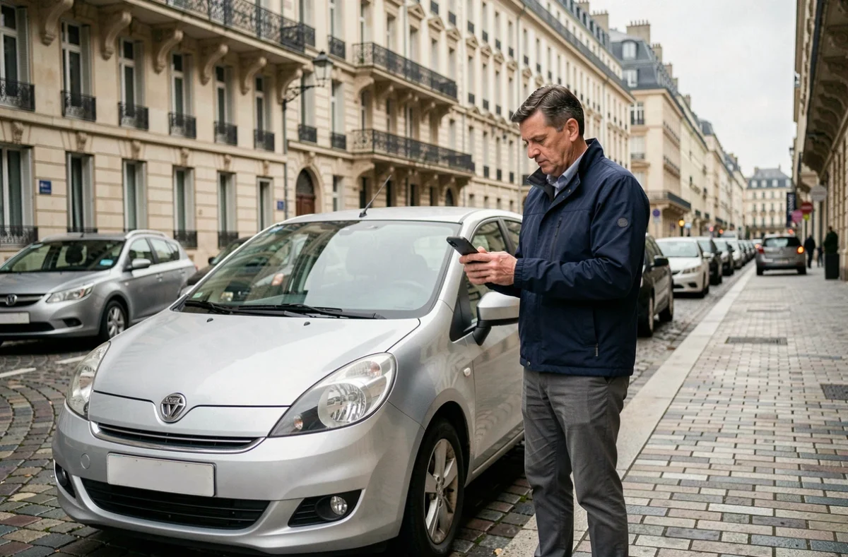 Homme comparant des offres d'assurance auto sur smartphone dans une rue de Lyon