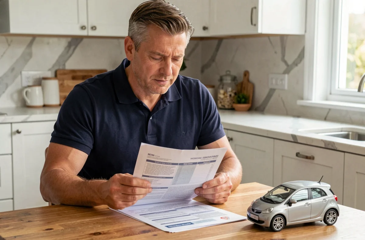 Homme comparant des offres d'assurance pour voiture électrique à la maison avec des documents imprimés