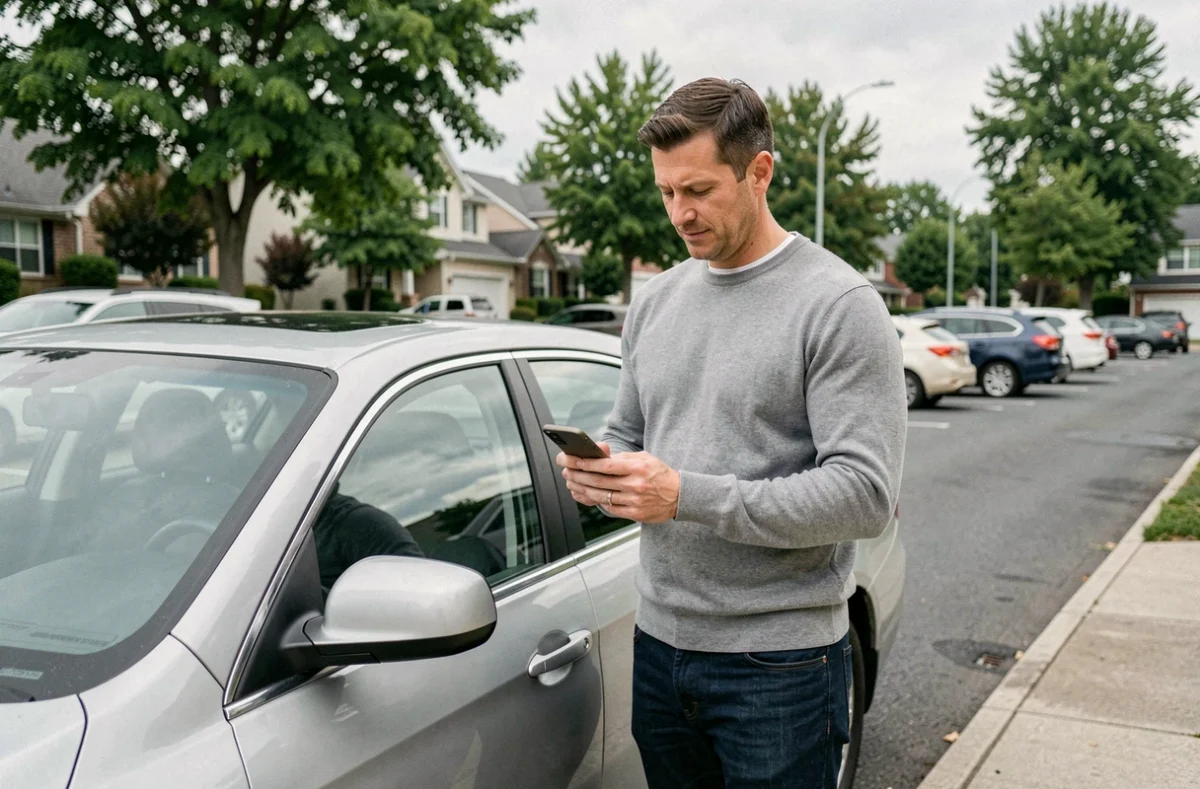 Homme comparant des avis d'assurance voiture sur smartphone près de sa voiture