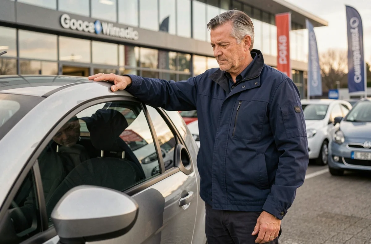 Homme examinant une voiture sans permis diesel dans une concession automobile en France