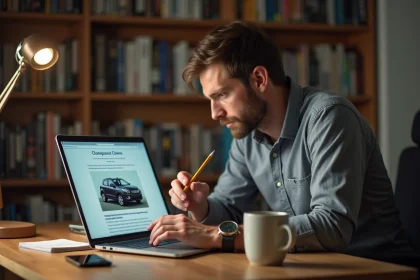 Homme consultant une fiche Wikipedia sur une Peugeot 208 avec un regard critique devant son ordinateur portable