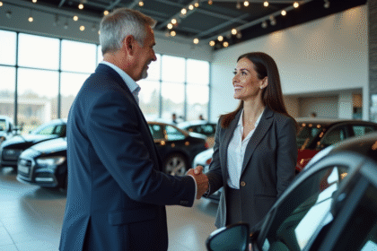 Homme d'affaires en costume serrant la main d'une vendeuse devant une voiture