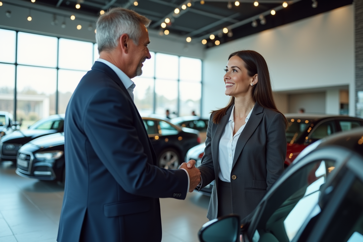 Homme d'affaires en costume serrant la main d'une vendeuse devant une voiture