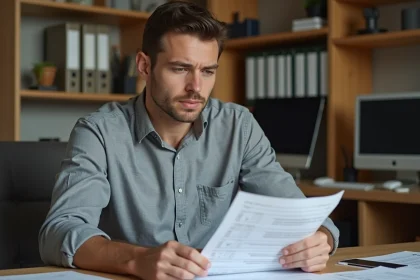 Homme consultant les documents du code 79 de son permis de conduire à son bureau à domicile