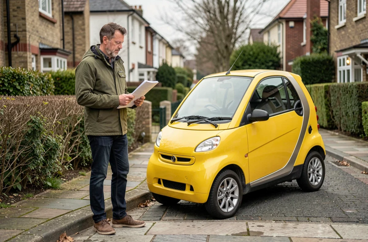 Homme avec des documents de financement debout à côté d'une voiture sans permis jaune dans une rue résidentielle