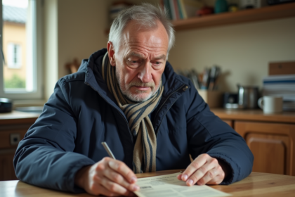 Homme français examine un vieux permis de conduire avec curiosite