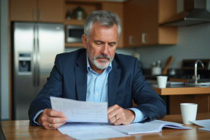 Homme d affaires examine documents de voiture à la maison