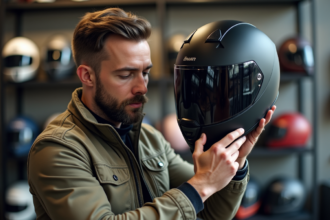 Homme examinant un casque moto moderne en magasin