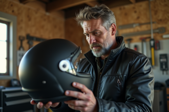Homme d'âge moyen examinant son casque moto noir mat