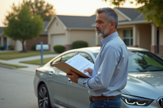 Homme hispanique avec documents près d'une voiture Texas