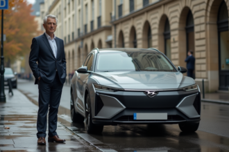 Homme d'affaires avec voiture hybride à Paris