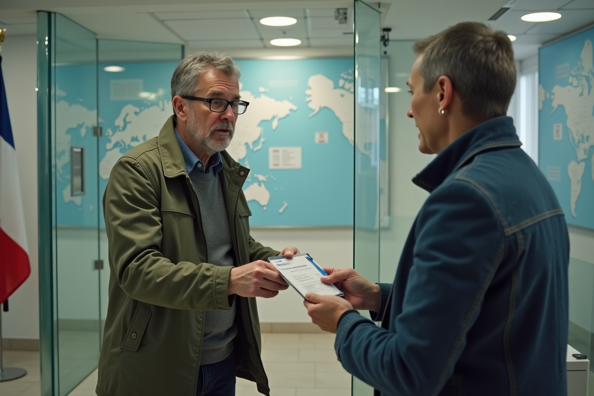 Homme remettant permis étranger à agent en préfecture
