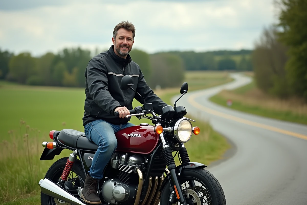 Homme en veste textile moto sur une Honda cb750s en campagne