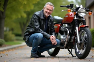 Homme en blouson cuir près d'une Suzuki 750 GT restaurée