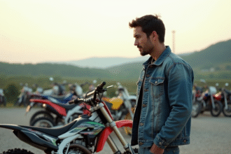 Homme examine un motocross dans un décor rural authentique